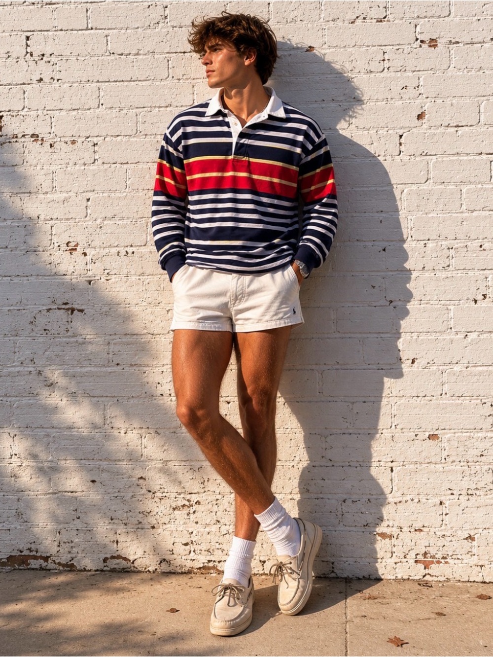 Vintage Lands End Rugby Shirt USA Made Striped Cotton Red Blue Medium Ivy League